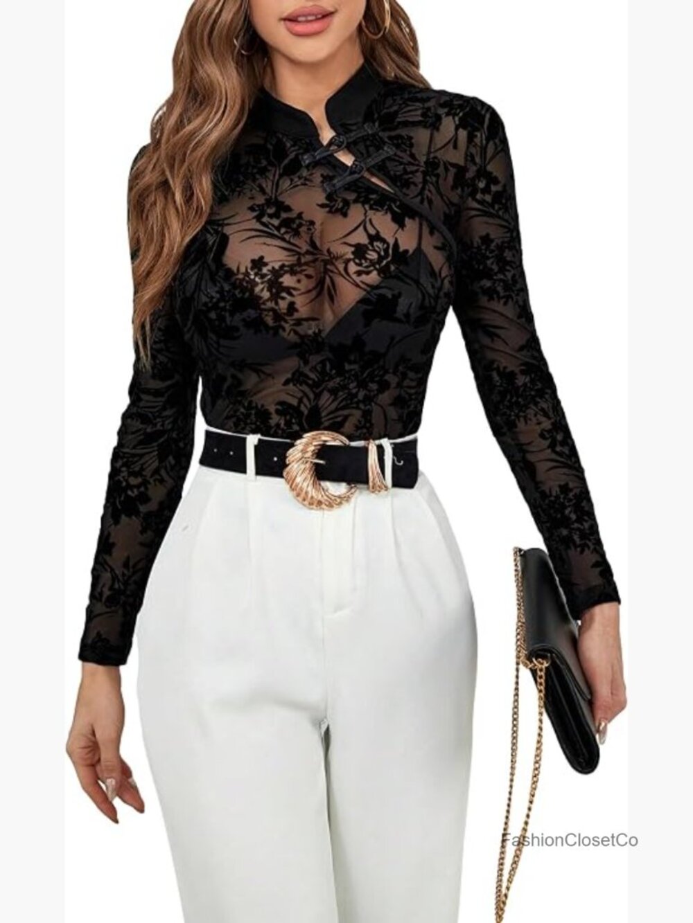Sheer Mesh Mock Neck Long Sleeve Blouse Party Top - Picture 1 of 6